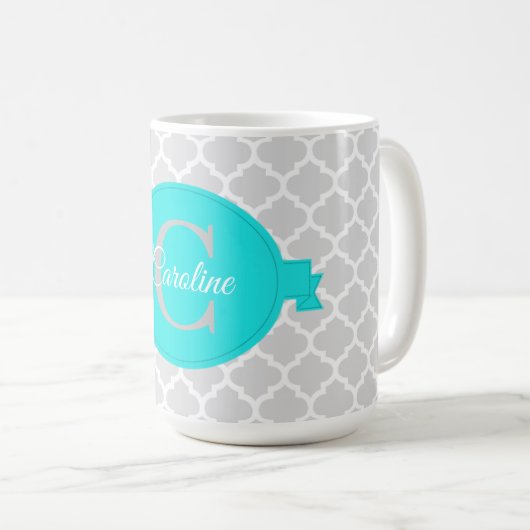 Turquoise Quatrefoil - Aangepaste koffie Mok (Voorkant rechts)