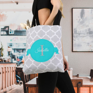 Turquoise Quatrefoil Gepersonaliseerde Canvas tas