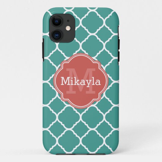 Turquoise Quatrefoil Pattern Coral Monogram Case-Mate iPhone Case (Achterkant)