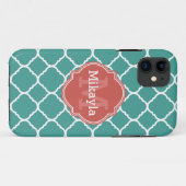 Turquoise Quatrefoil Pattern Coral Monogram Case-Mate iPhone Case (Achterkant (horizontaal))