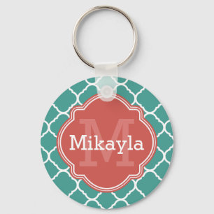 Turquoise Quatrefoil Pattern Coral Monogram Sleutelhanger