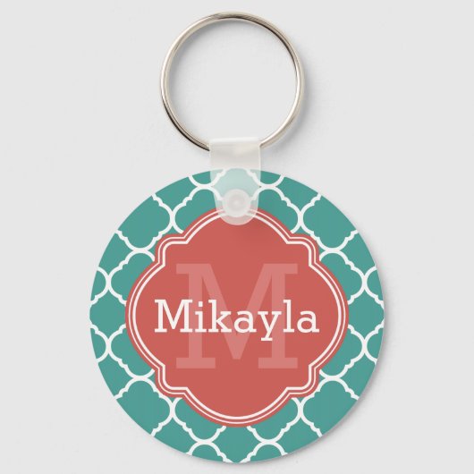 Turquoise Quatrefoil Pattern Coral Monogram Sleutelhanger (Voorkant)