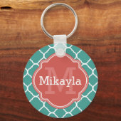 Turquoise Quatrefoil Pattern Coral Monogram Sleutelhanger (Voorkant)