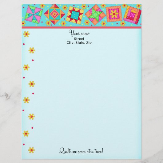 Turquoise Quilt Blocks Letterhead Briefpapier Persoonlijk Briefhoofd (Voorkant)