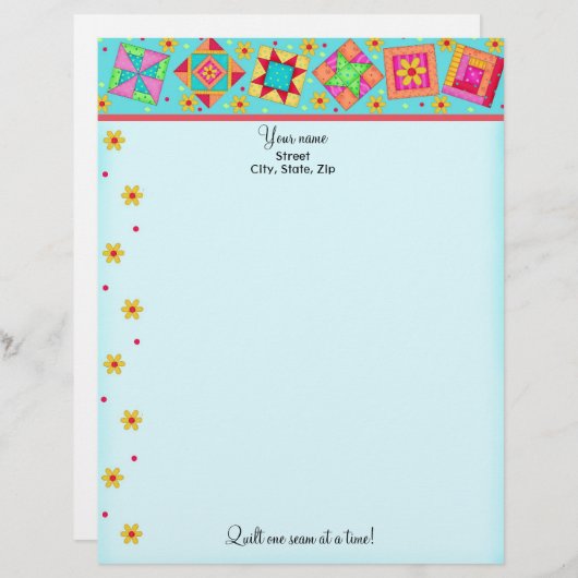 Turquoise Quilt Blocks Letterhead Briefpapier Persoonlijk Briefhoofd (Voorkant / Achterkant)
