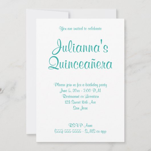 Turquoise Quinceañera Calligraphy Birthday Kaart (Voorkant)