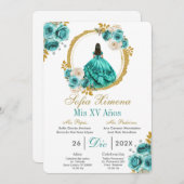 Turquoise Quinceañera Invitation Kaart (Voorkant / Achterkant)