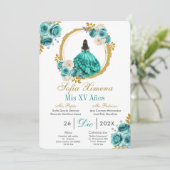 Turquoise Quinceañera Invitation Kaart (Staand voorkant)