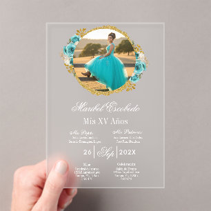 Turquoise quinceañera met foto uitnodiging