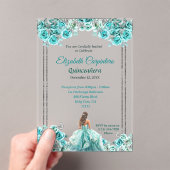 Turquoise Quinceañera Rozen en zilveren vlinders Acryl Uitnodigingen (Insitu (Draagbaar))