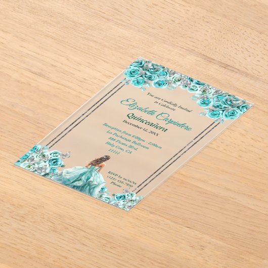 Turquoise Quinceañera Rozen en zilveren vlinders Acryl Uitnodigingen (Laagn)