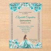 Turquoise Quinceañera Rozen en zilveren vlinders Acryl Uitnodigingen (Voorkant)