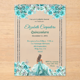 Turquoise Quinceañera Rozen en zilveren vlinders Acryl Uitnodigingen