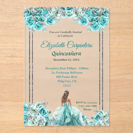 Turquoise Quinceañera Rozen en zilveren vlinders Acryl Uitnodigingen (Voorkant)