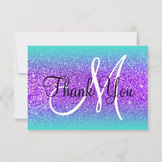 Turquoise Rand Ombre Paarse Glitters Monogram Bedankkaart (Voorkant)