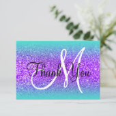 Turquoise Rand Ombre Paarse Glitters Monogram Bedankkaart (Staand voorkant)