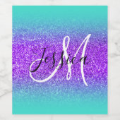 Turquoise Rand Ombre Paarse Glitters Monogram Wijn Etiket (Enkel label)
