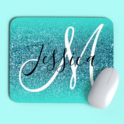Turquoise Rand Ombre Teal Glitter Monogram Muismat