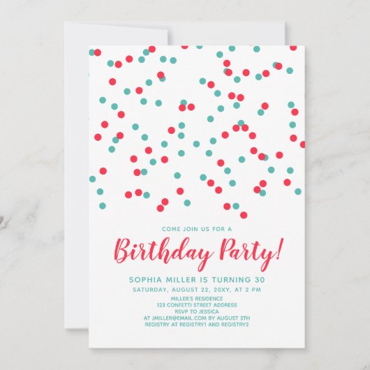 Turquoise Red Confetti SVG Modern Birthday Party Kaart (Voorkant)
