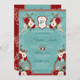 Turquoise & Red Elegant Baroque Charra Quinceañera Kaart