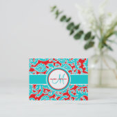 Turquoise, Red en White Damask Visitekaartje (Staand voorkant)