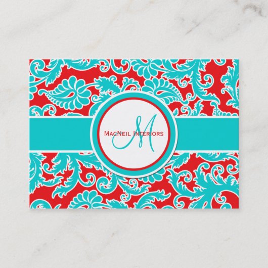 Turquoise, Red en White Damask Visitekaartje (Voorkant)