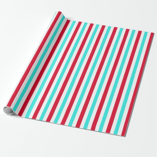 Turquoise Red en White Striped Wrapping Paper Cadeaupapier (Uitgerold)