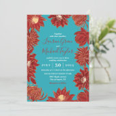 Turquoise Red Flower Oriental Floral Wedding Kaart (Staand voorkant)