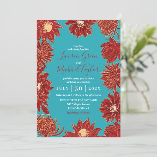 Turquoise Red Flower Oriental Floral Wedding Kaart (Staand voorkant)