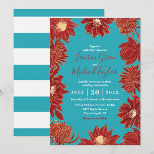 Turquoise Red Flower Oriental Floral Wedding Kaart