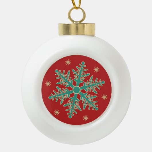 Turquoise Red Gold Kerstmis Snowflake Keramische Bal Ornament (Voorkant)