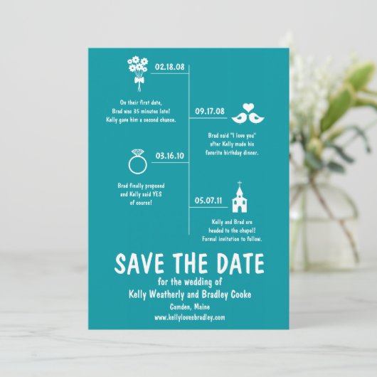 Turquoise relatie tijdlijn Save the Date (Staand voorkant)