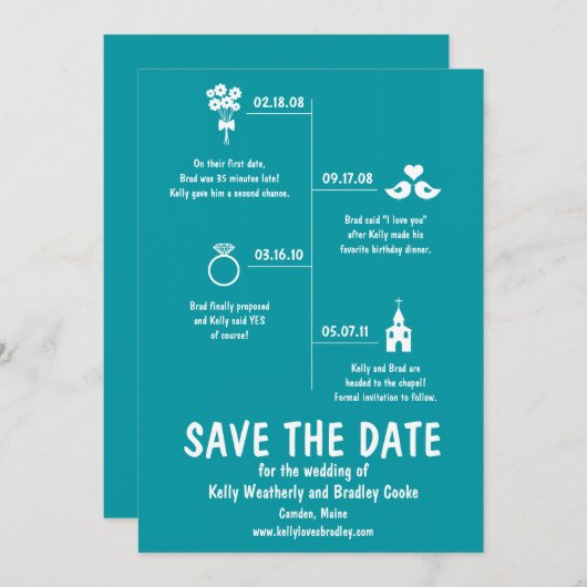 Turquoise relatie tijdlijn Save the Date (Voorkant / Achterkant)