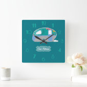 Turquoise Retro  Caravan Design personaliseren Vierkante Klok (Huis)