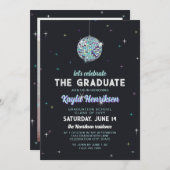 Turquoise Retro Discoball Flares Afstudeerfeest Kaart (Voorkant / Achterkant)