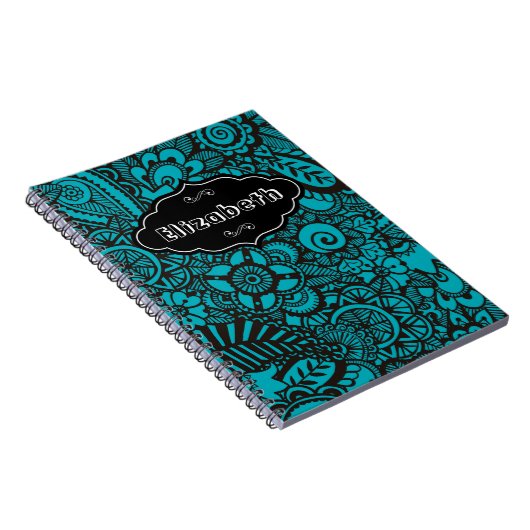 Turquoise  retro floral Patroon notebook Notitieboek (Rechterzijde)