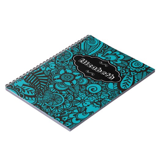 Turquoise retro floral Patroon notebook Notitieboek (Linkerzijde)