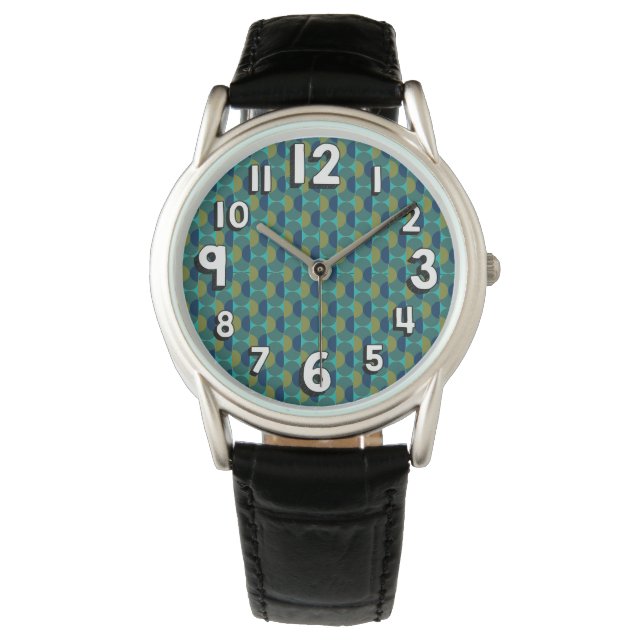 Turquoise Retro Ovals en Semi-Circles Horloge (Voorkant)