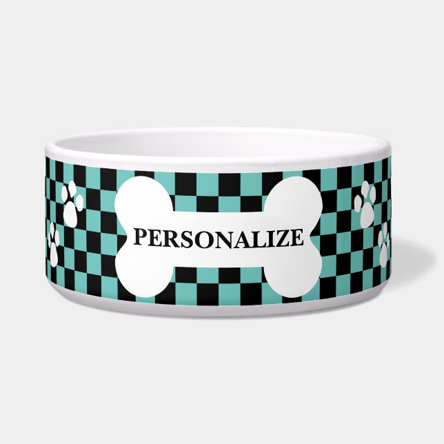 Turquoise Retro Ruitjes Voerbakje (Voorkant)