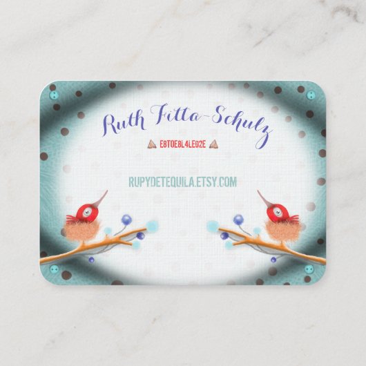 turquoise ribbon bird neest polka dots visitekaartje (Achterkant)
