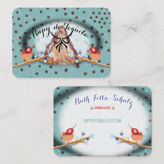 turquoise ribbon bird neest polka dots visitekaartje (Voorkant / Achterkant)