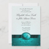 Turquoise Ribbon Damask Wedding Invitation Kaart (Voorkant)
