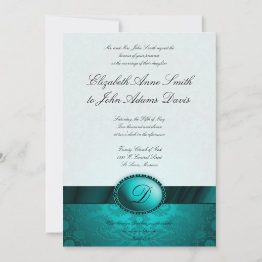 Turquoise Ribbon Damask Wedding Invitation Kaart (Voorkant)
