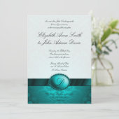 Turquoise Ribbon Damask Wedding Invitation Kaart (Staand voorkant)