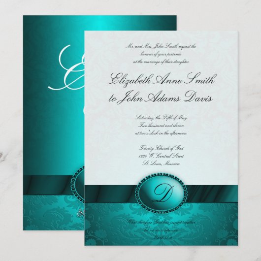 Turquoise Ribbon Damask Wedding Invitation Kaart (Voorkant / Achterkant)
