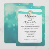 Turquoise Ribbon in Gold Heart Wedding Kaart (Voorkant / Achterkant)