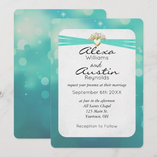 Turquoise Ribbon in Gold Heart Wedding Kaart (Voorkant / Achterkant)