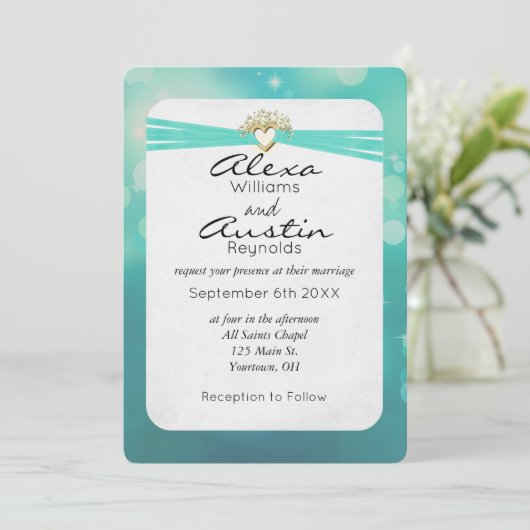 Turquoise Ribbon in Gold Heart Wedding Kaart (Staand voorkant)