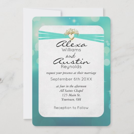 Turquoise Ribbon in Gold Heart Wedding Kaart (Voorkant)