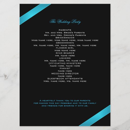 Turquoise Ribbon Wedding Programme Programmakaart (Achterkant)